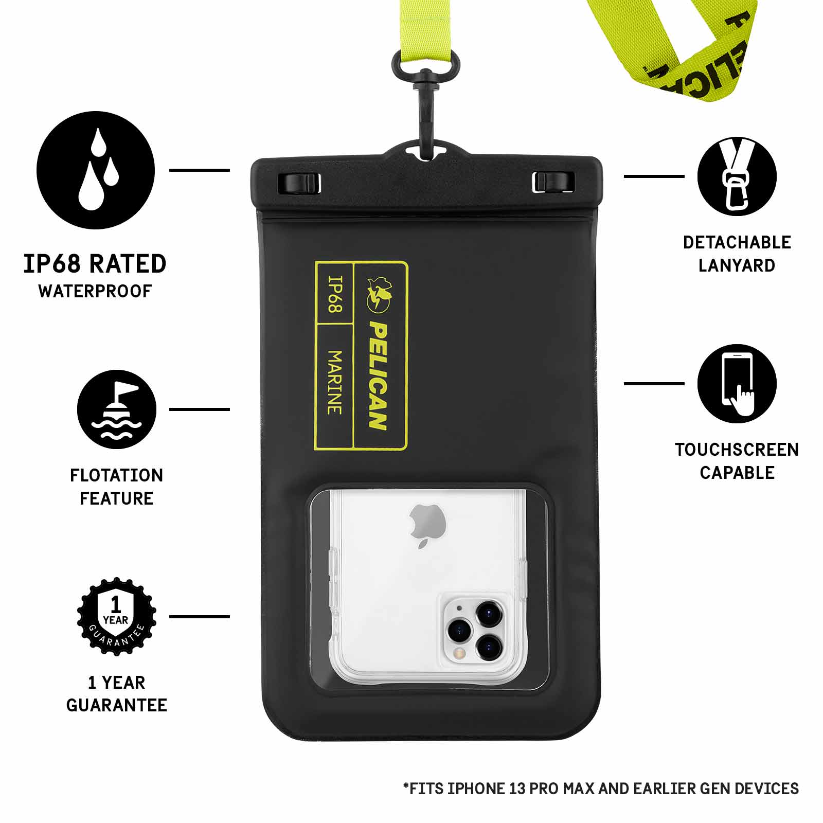 Pelican Marine Waterproof Floating Pouch XL (Black/ Hi Vis Yellow) - Phone Pouch